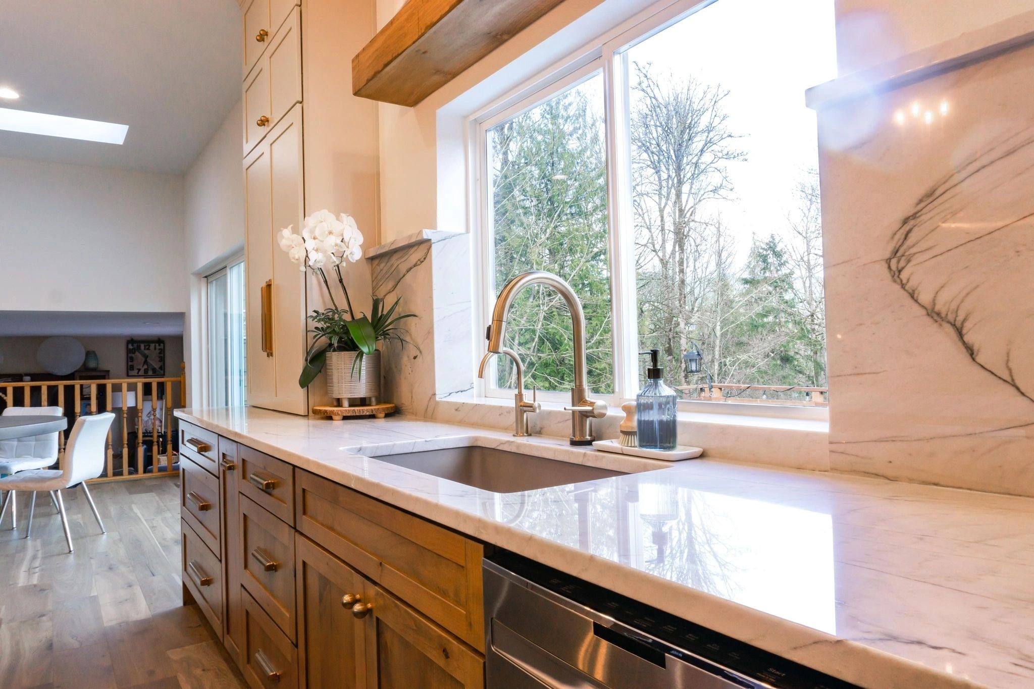 Modern kitchen with white quartz countertops